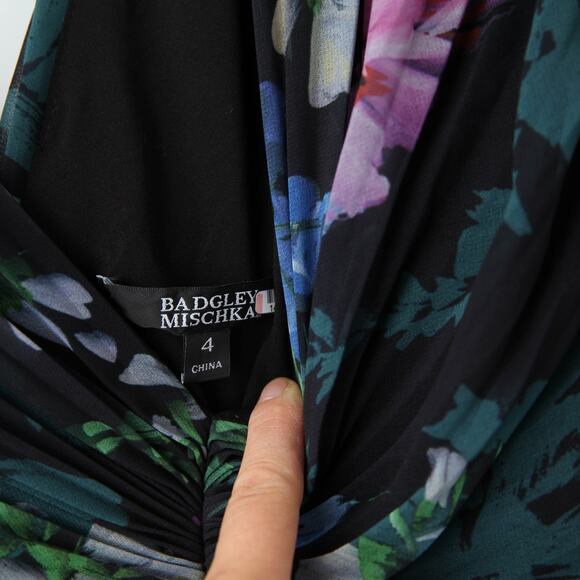 Badgley Mischka Pleated Black Floral Gown Size 4 - Picture 7 of 10